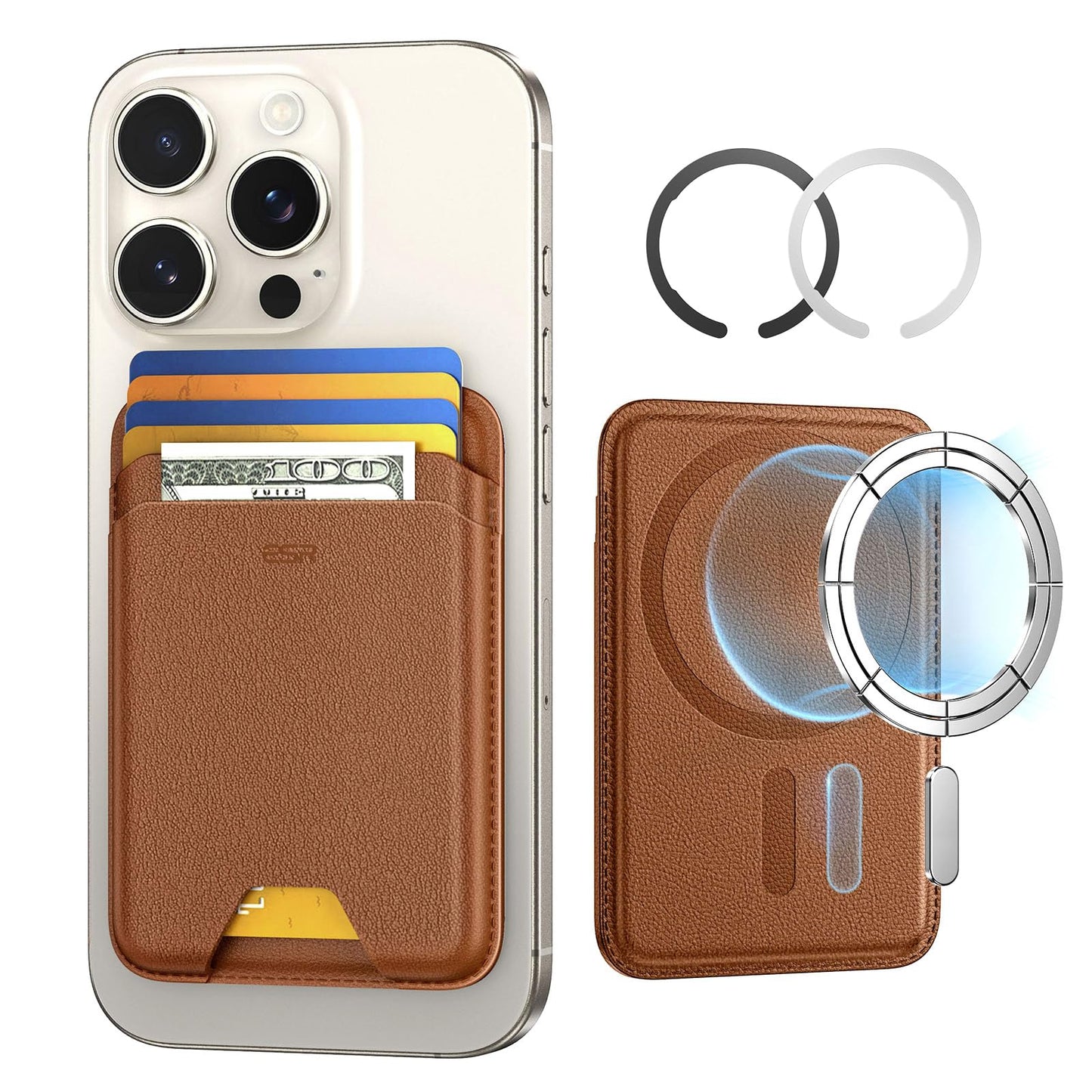 ESR for MagSafe Wallet, 5 Card Holder with RFID Blocking, MagSafe Sticker Included, Slim Magnetic Wallet for iPhone 17e/17/16/15/14/13/12 Series and Selected Samsung Devices, Not for 13/12 Mini, Brown