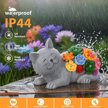 Solar Garden Decor Cat Statue Lights, Birthday Gifts for Women Mom and Cat Lover, Outdoor Decor with Succulentss and 6 LED Lights for Yard Art Lawn Patio Porch