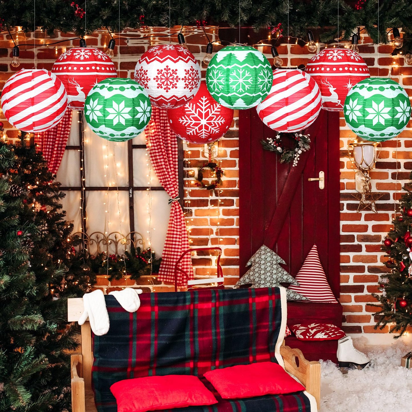 Bencailor 12 Pcs Summer Christmas Hanging Paper Lanterns Set Xmas Decorative Party Round Hanging Lamps for Summer Xmas Home Decoration Supplies Props Holiday Decor(12 Inch,Noble)