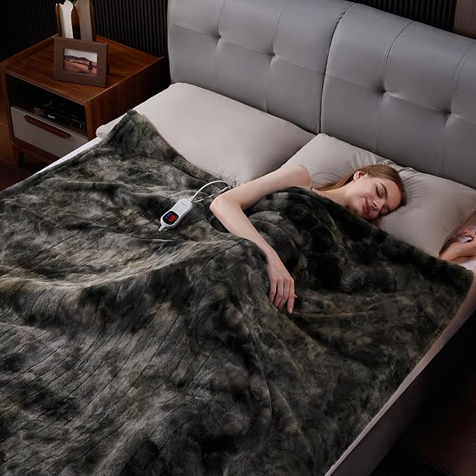 Guohaoi Heated Blanket Electric Throw, Soft Faux Rabbit Fur Electric Blanket with 10 Heating Levels 5 Sitting Timer Auto Off, Cozy Warm Heating Blankets, Machine Washable(50"×60" Dark Grey)