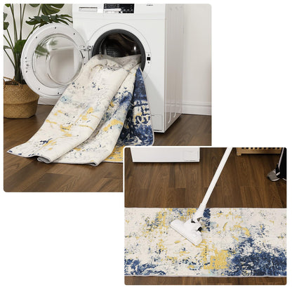 Abstract Modern Area Rug, 2x3 Washable Foldable Soft Rugs with Non-Slip Backing, Non-Shedding Floor Mat, Stain Resistant Carpet for Living Room Bedroom Dining Room Office, Yellow Blue
