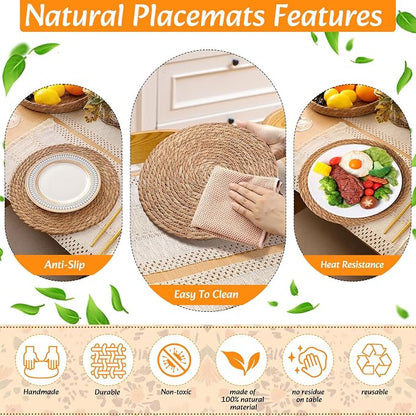 12 Sets Boho Decoration Placemats Round Woven Placemats, Cloth Napkins, Wood Bead Napkin Rings, Long Table Runner and Farmhouse Burlap Cotton for Table Kitchen (White,12x72)