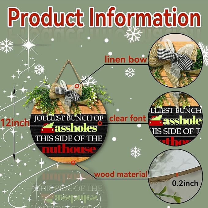 Christmas Door Sign Jolliest Bunch of A-holes Door Sign Funny This Side of The Nuthouse Round Wooden Sign with Bow Wreath Merry Christmas vacation Theme Door Hanging signs for Front Door