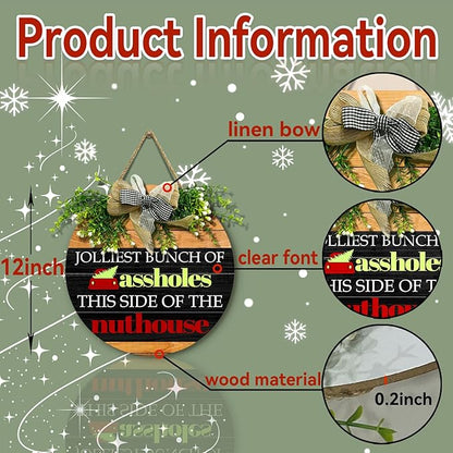 Christmas Door Sign Jolliest Bunch of A-holes Door Sign Funny This Side of The Nuthouse Round Wooden Sign with Bow Wreath Merry Christmas vacation Theme Door Hanging signs for Front Door