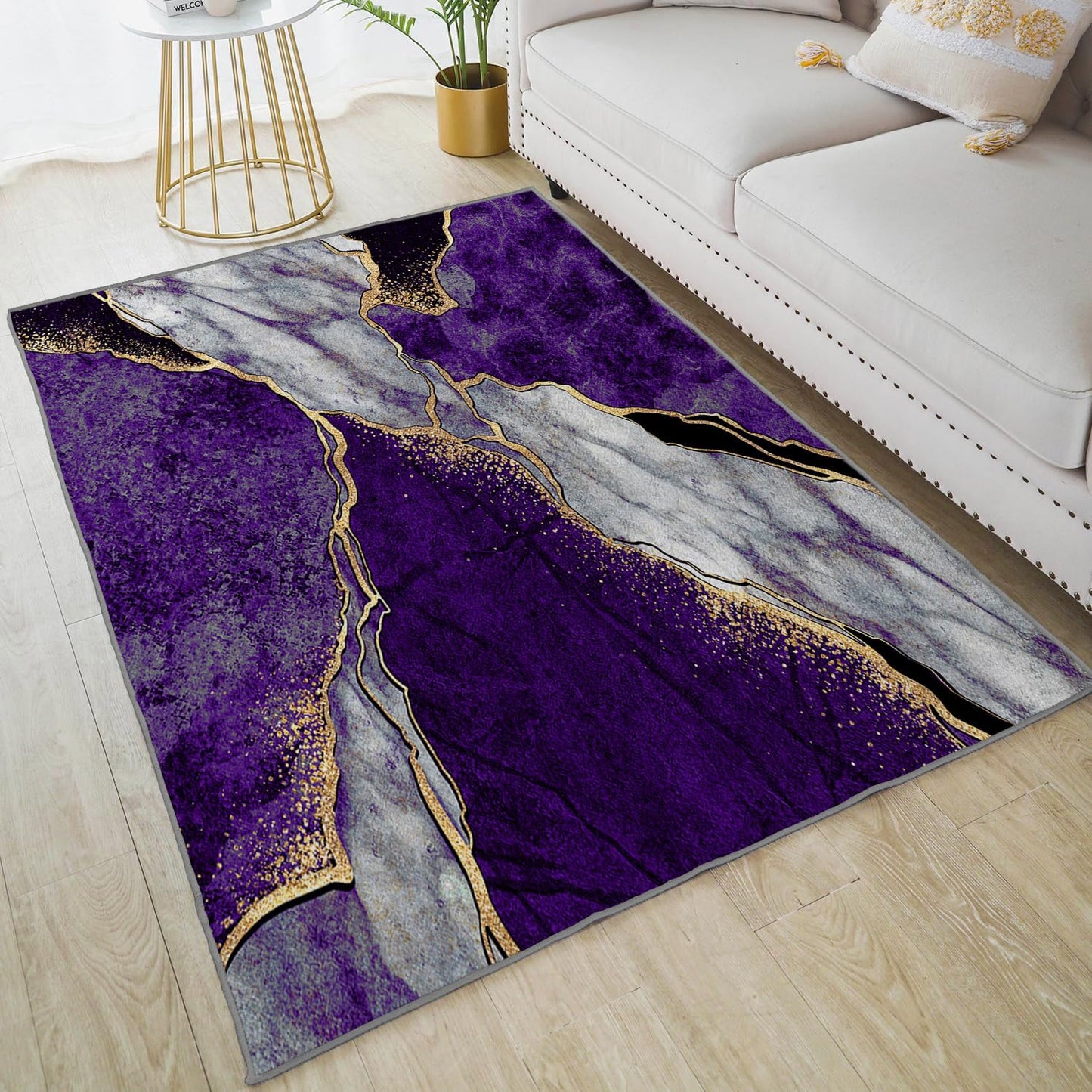 Azppsad Abstract Area Rug, Purple Gray Marble and Golden Pattern, Machine Washable Modern Non-Slip Rug, Home Decor Floor Carpet for Classroom Laundry Bedroom Living Room, 5' x 7'