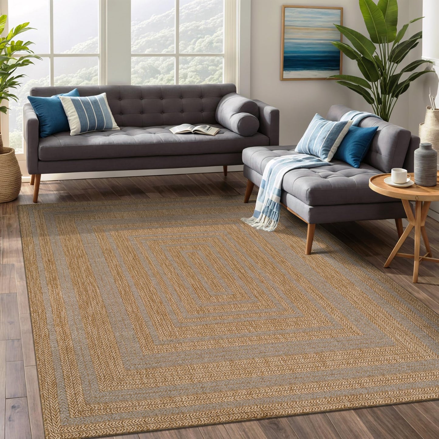 Beverly Rug Easy Jute Framed Border Rug 10x14 Washable Large Indoor Outdoor Area Rugs for Living Dining Room Patio Office Stain Resistant Non Shedding Casual Indoor Outside Carpet 10 x 14 Natural