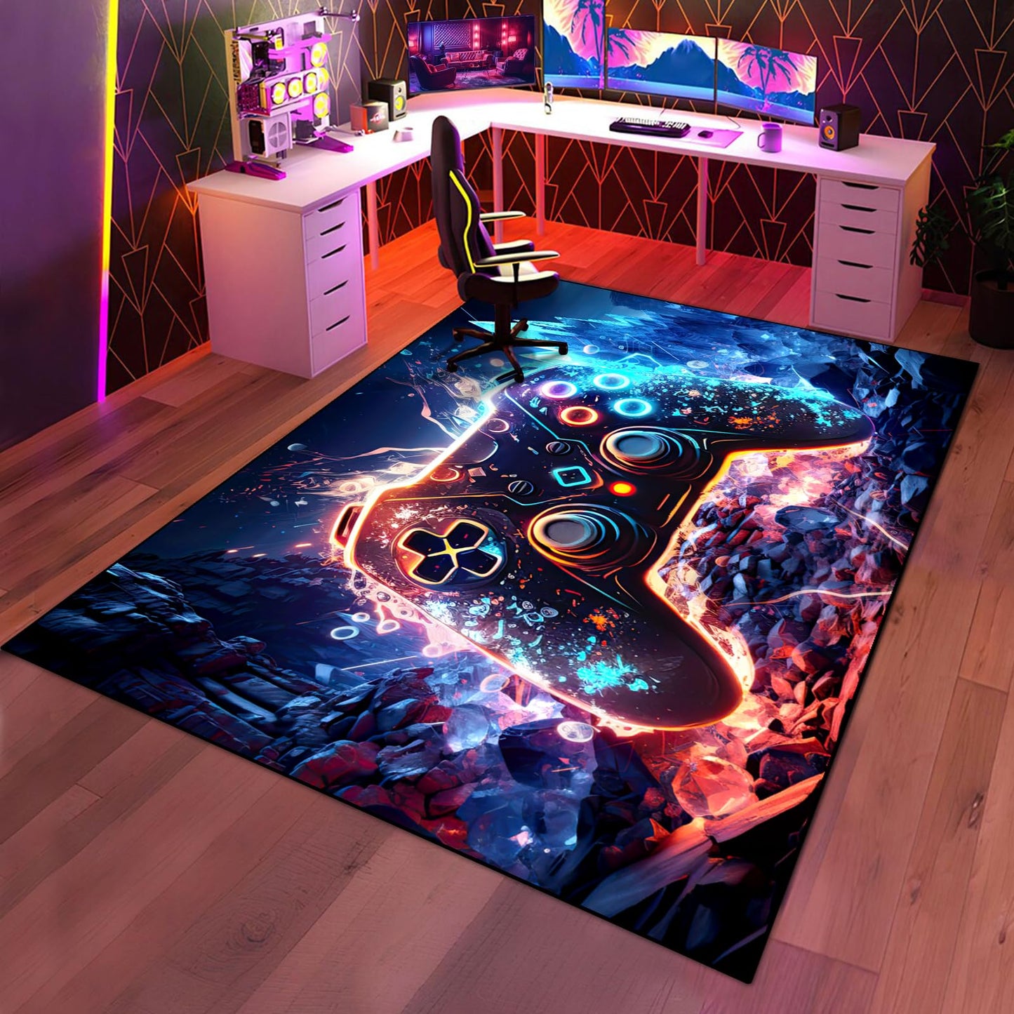 Gaming Area Rug Teen Boys Carpet, Colorful Gamepad Background Game Controller Design for Game Room, Boys Girls Bedroom Playroom, Living Room (Crystal Cave, 60" x 40")