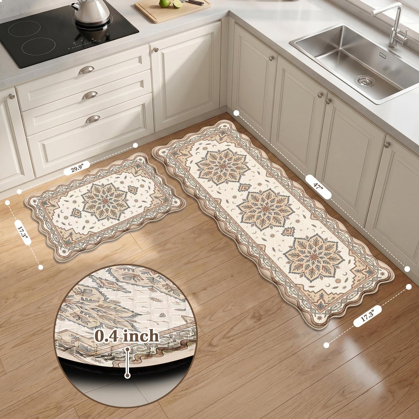 Cosovia Anti Fatigue Kitchen Mats Set of 2, Boho Mandala Scalloped Rug