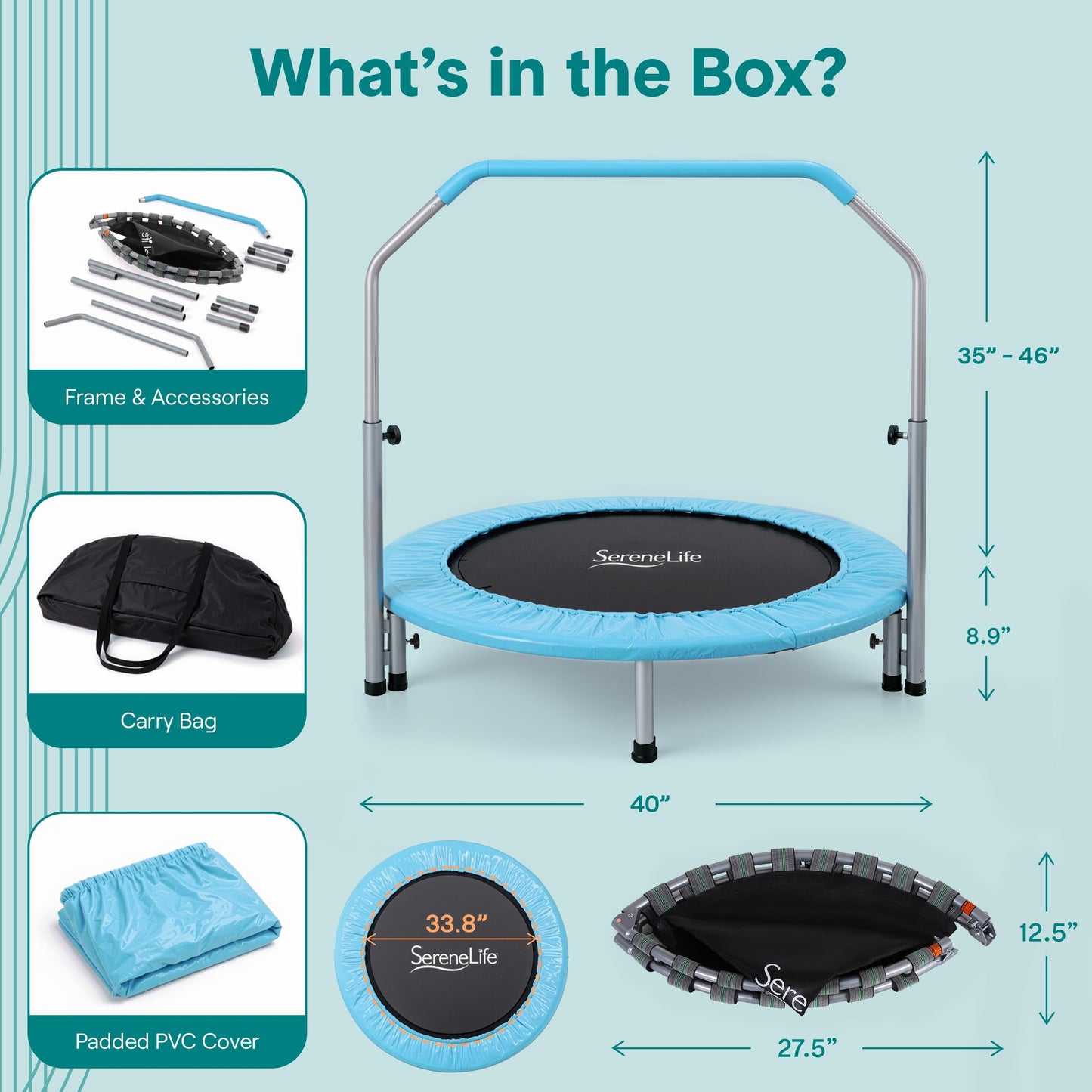 SereneLife 40" Foldable Mini Trampoline - Compact Fitness Trampoline for Kids Adults, Exercise Rebounder with Adjustable Foam Handle, Indoor/Garden Workout Equipment, Max Load 200 lbs, Sky Blue