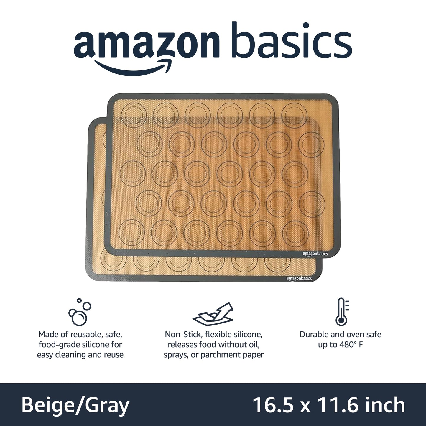 Amazon Basics Silicone Baking Mat for Macarons, Non-Stick, Food Safe, Reusable, Oven-Safe, 16.5" x 11.6", Beige/Gray, 2-Pack