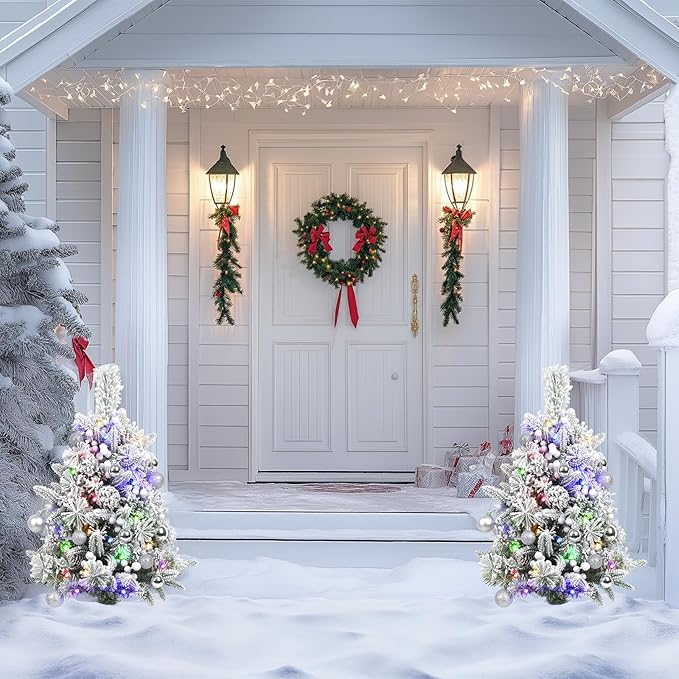 Set of 2 30 Inch Prelit Outdoor Christmas Trees, Artificial Battery Operated Snow Flocked Xmas Tree with Stake, Silver Berries, Pine Cones, Ball Ornaments, 8 Lighting Modes & Timer Included