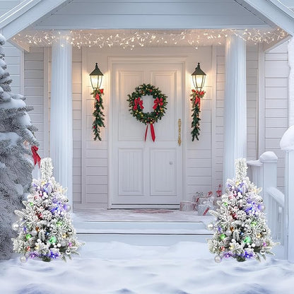 Set of 2 30 Inch Prelit Outdoor Christmas Trees, Artificial Battery Operated Snow Flocked Xmas Tree with Stake, Silver Berries, Pine Cones, Ball Ornaments, 8 Lighting Modes & Timer Included