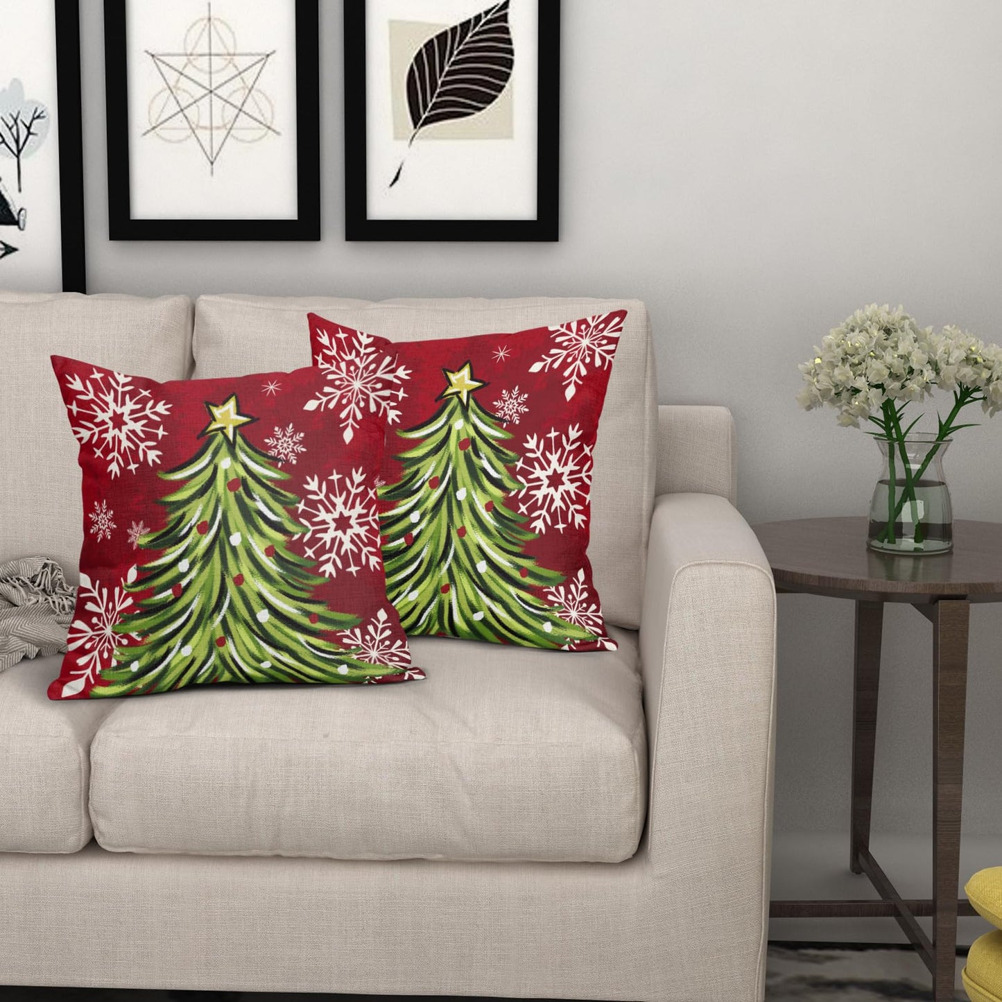 Sivirary Christmas Pillow Covers 18x18 Inch Set of 2 Dark Red Green Xmas Tree Snowflake Holiday Decorative Winter Throw Pillowcases Outdoor Seasonal Farmhouse Cushion Cases Decor for Sofa Couch Bed