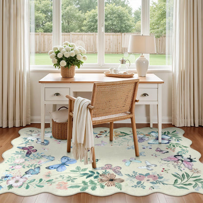 Rugalia Washable Scalloped Butterfly Area Rug, 3x5 Beige Indoor Entryway Rug Soft Non-Slip Boho Kitchen Rugs, Ultra Thin Botanical Floral Throw Carpet for Living Room Bedroom Nursery Foyer