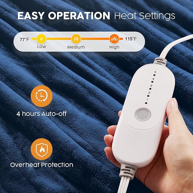 HYLEORY Heated Electric Blanket Full 72"x84" Soft Fleece & Flannel with 5 Heating Levels & 10 Hours Timer Auto Shutt Off, ETL Certified, Washable，Heated Blanket for Body-Navy