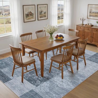 UERMEI 8x10 Area Rug Washable, Blue Modern Geometric Rugs for Living Room, Non-Slip Patchwork Carpet, Stain Resistant Low-Pile Foldable Rug for Bedroom Dining Room