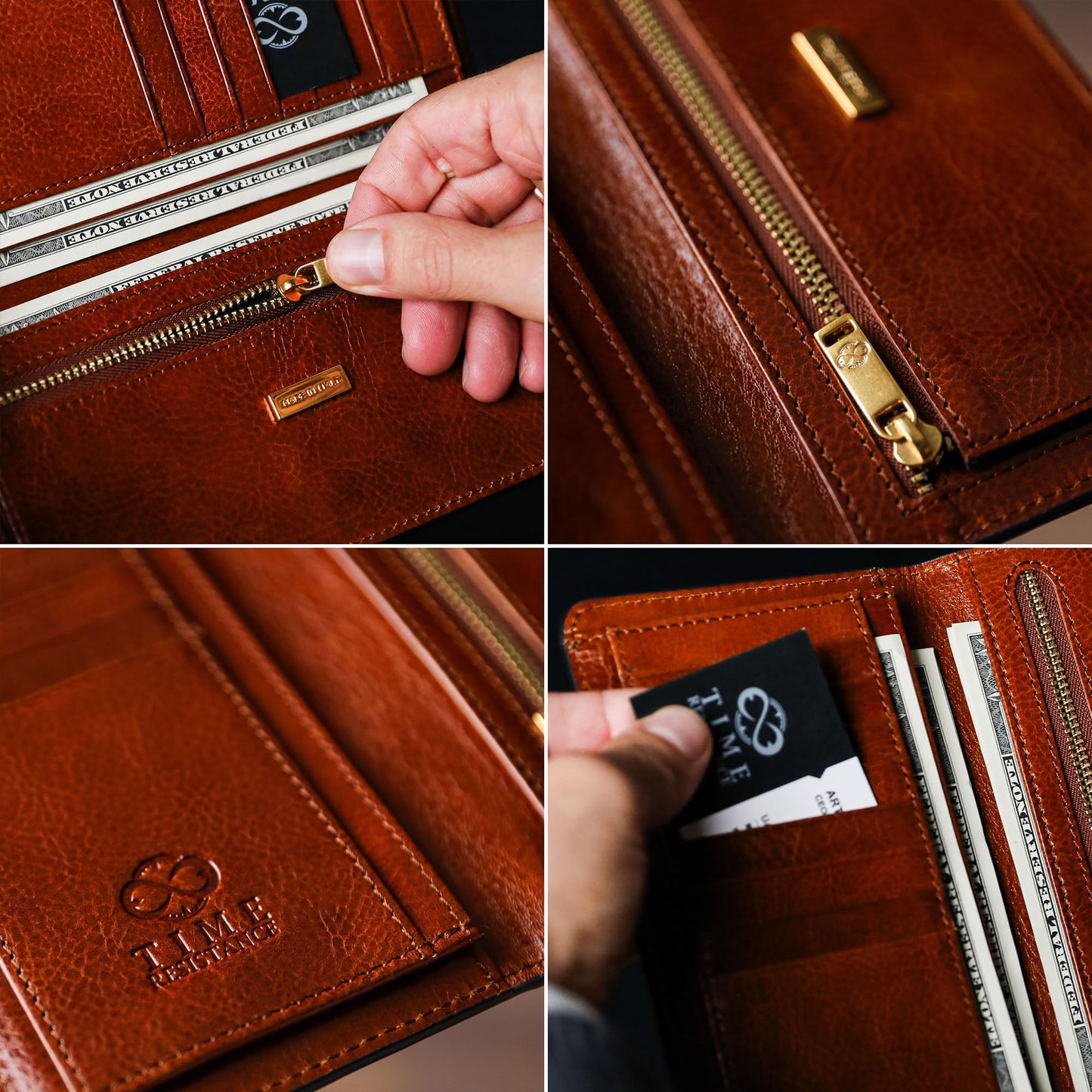 Time Resistance Long Leather Wallet - Bifold Mens Suit Leather Wallet - Checkbook Wallet - Tall Billfold Card Wallet - Slim Wallet Made in Italy (Cognac Brown)