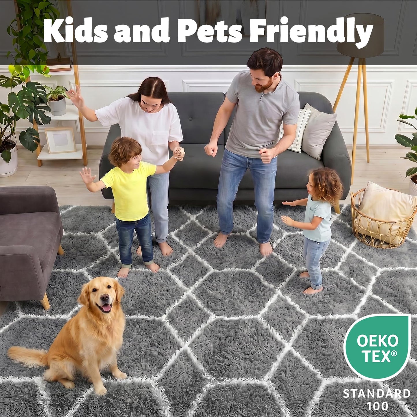ONASAR 8x10 Area Rugs for Living Room, Fluffy Grey and White Bedroom Rug, Geometric Boho Large Soft Plush Shaggy Fuzzy Floor Carpet for Nursery Kids Classroom Playroom Dorm Home Decor