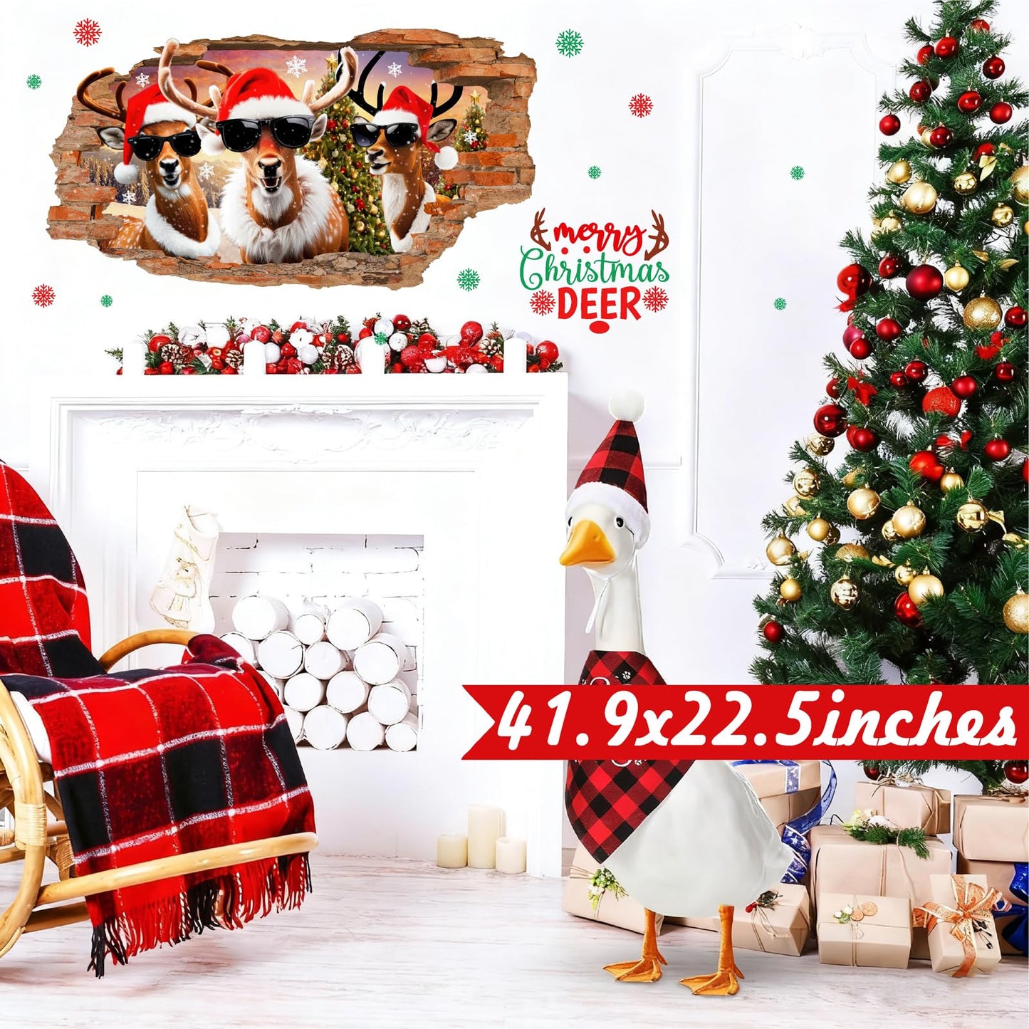 Christmas Wall Stickers Decoration Merry Christmas Wall Decals Peel and Stick 3D Winter Broken Walls Sticker Indoor Xmas Cartoon Deer Vinyl Art Mural for 2026 New Year Holiday Party Supplies