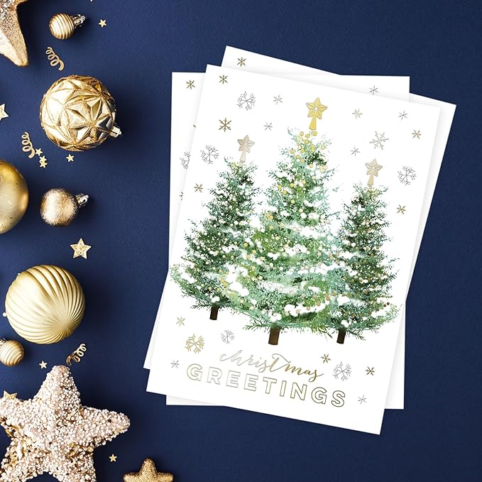 Masterpiece Gold Trimmed Trees Christmas Cards / 16 Boxed Seasons Greetings Holiday Cards Set With Coordinating Gold Foil Lined Envelopes / 5 5/8" x 7 7/8" Folded Winter Greeting Cards With Inside