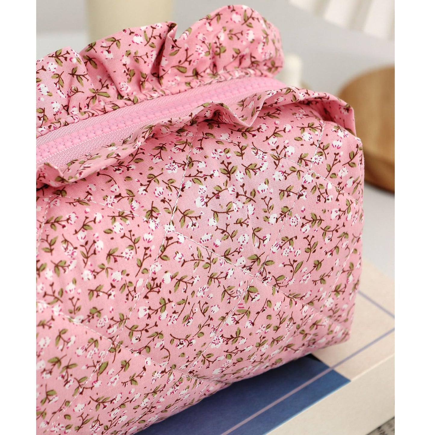 Annpro Cute Makeup Bag Travel Cosmetic Bag for Women,Small Floral Organizer Toiletry Bag Make Up Bags,Coquette Aesthetic Bowknot Toiletry Bag,Soft Cotton Cloth Travel Toiletry Bag (01 Rose Pink)
