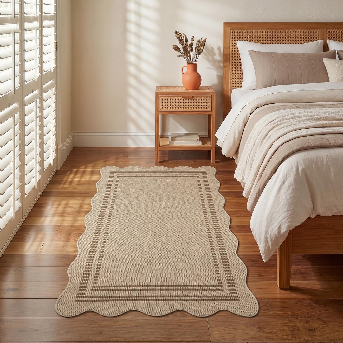 Tribesigns Scalloped Easy Jute 3x5 Indoor Outdoor Patio Rug, Tan/Striped Washable Non-Slip Kitchen Area Rugs for Entryway Door, Farmhouse Modern Carpet for Living Bedroom Office