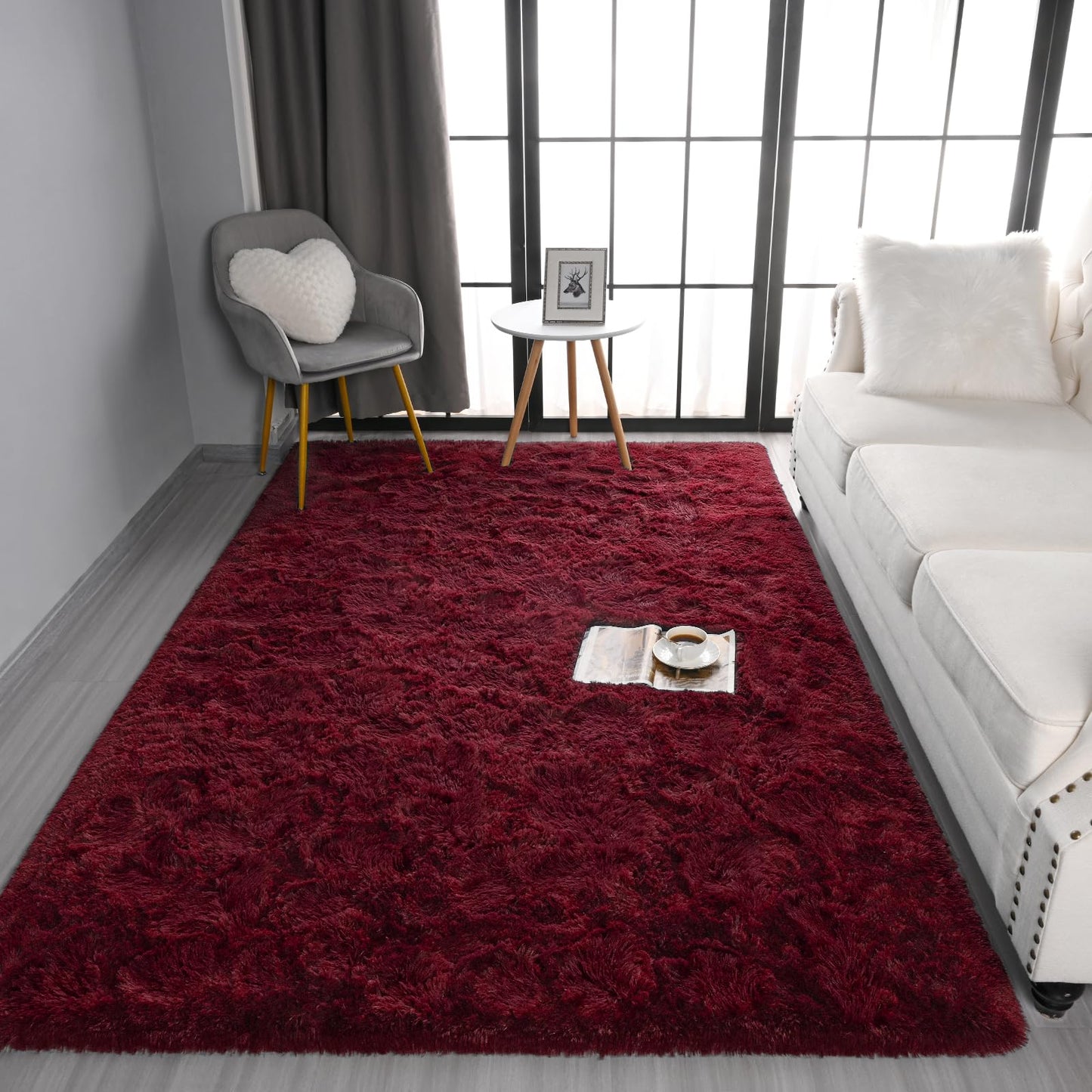Pettop Fluffy Burgundy Rug for Bedroom Living Room, 3x5 Feet Super Soft Shaggy Plush Fuzzy Rugs for Girls Kids Boys, Non-Slip and Washable Rug for Nursery Classroom, Carpet for Rooms Decor