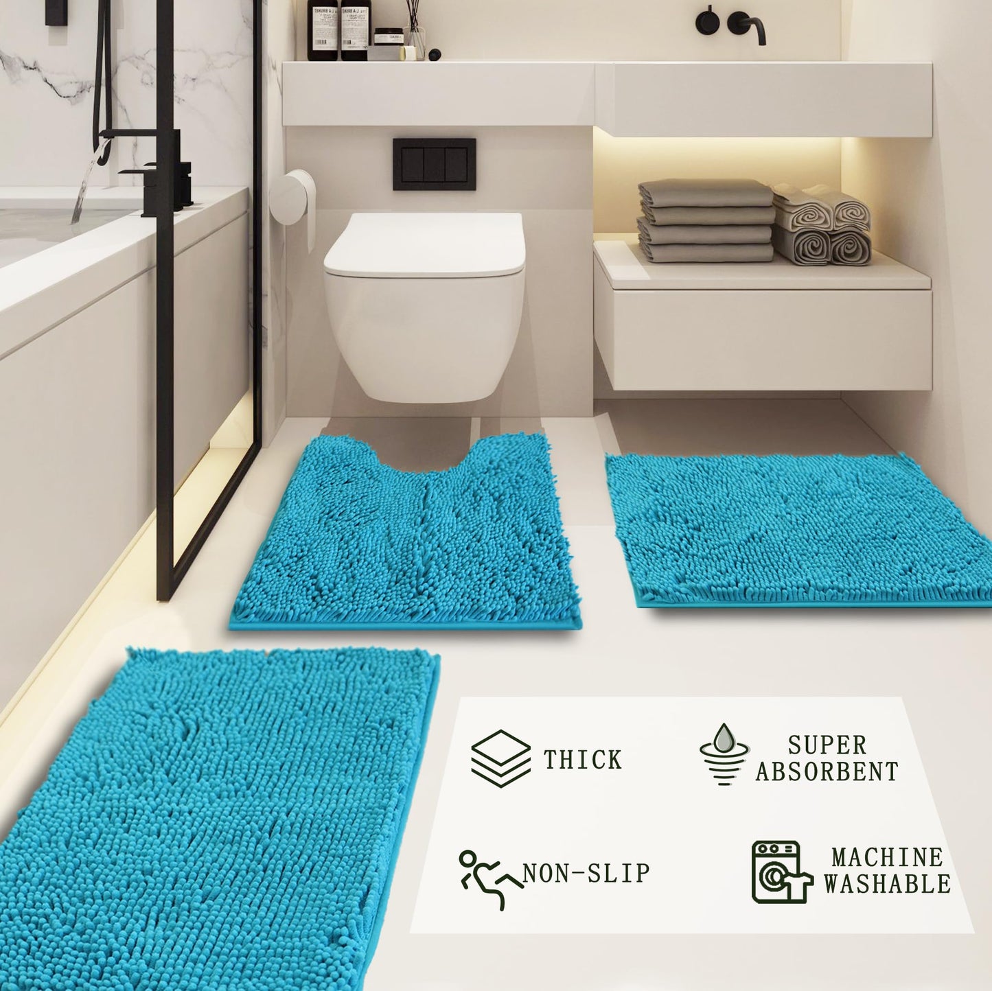 Bathroom Rugs Sets 3 Piece Non Slip,Bath Rugs with PVC Backing Bath Carpet,Bathroom Rug Washable,Absorbent,Plush Carpet Mats,Bath Mats for Bedroom, Kitchen,Tub,Home Decor (Turquoise)