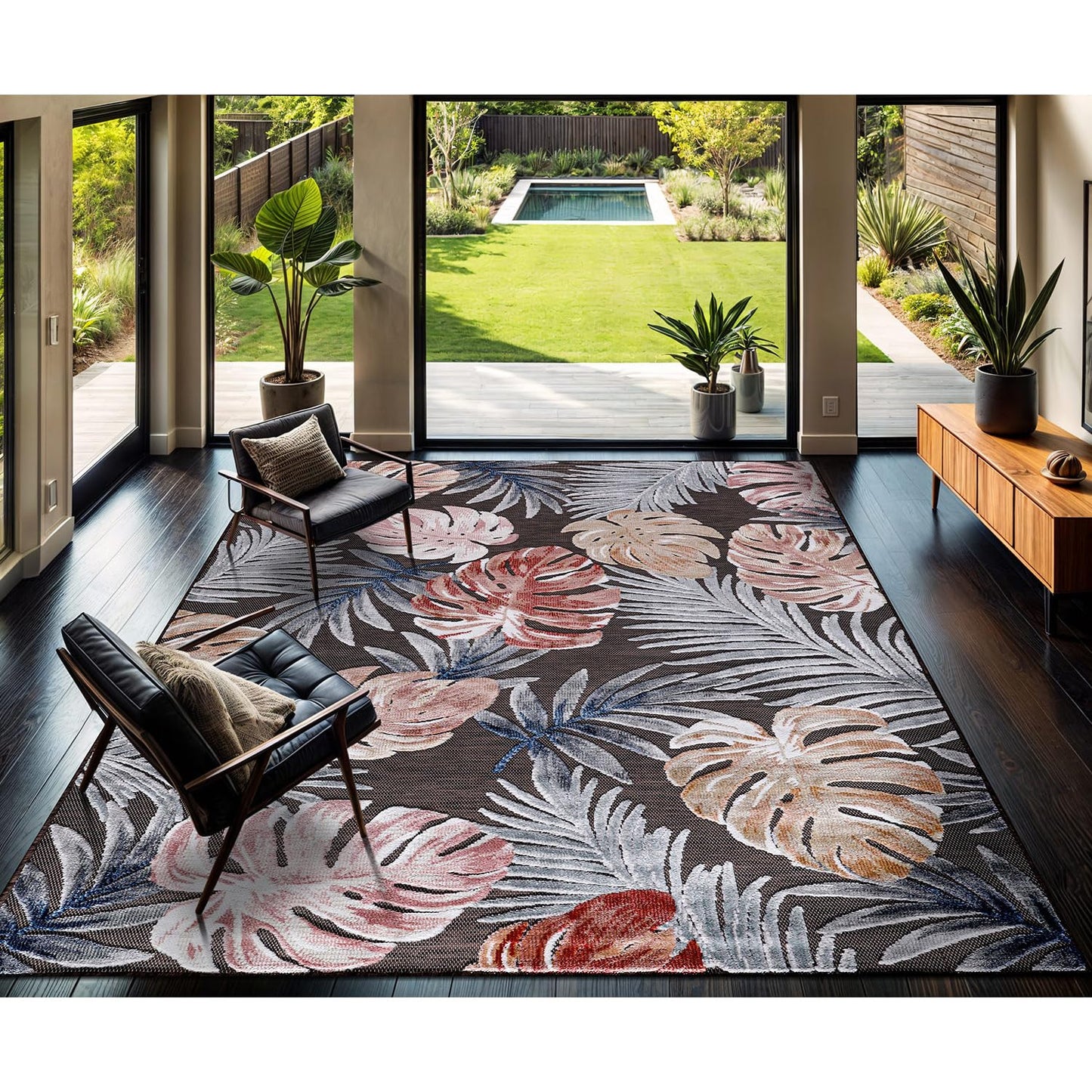 CAMILSON Indoor Outdoor Rug, Brown 9’x12’ Leaf Tropical Botanical Area Rugs for Indoor and Outdoor patios, Easy-Cleaning Non-Shedding Living Room, Garden and Kitchen Washable Outside Carpet (9x12)