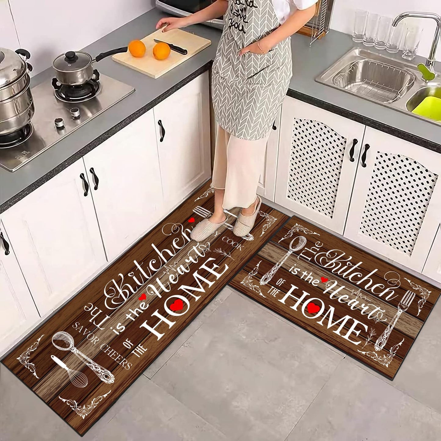 AmaAccess Farmhouse Kitchen Rug 2 Piece Set, Brown and White Rustic Kitchen Decor Rugs, Non-Slip, Absorbent, Washable Floor Mats, Home Indoor Runner Carpet (Brown, 17x30+17x47 Inches)