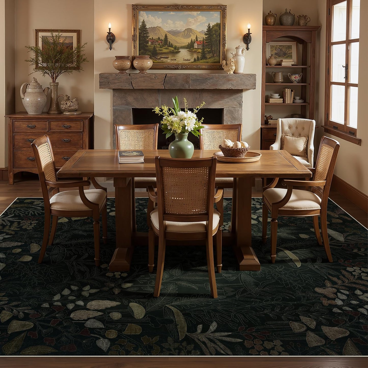 Joydeco Mushroom 5x7 Area Rugs for Bedroom, Washable Rugs for Living Room Non Slip, Boho Floral Botanical Ultra-Thin Soft Indoor Floor Throw Carpet for Dining Home Office, Black-Brown