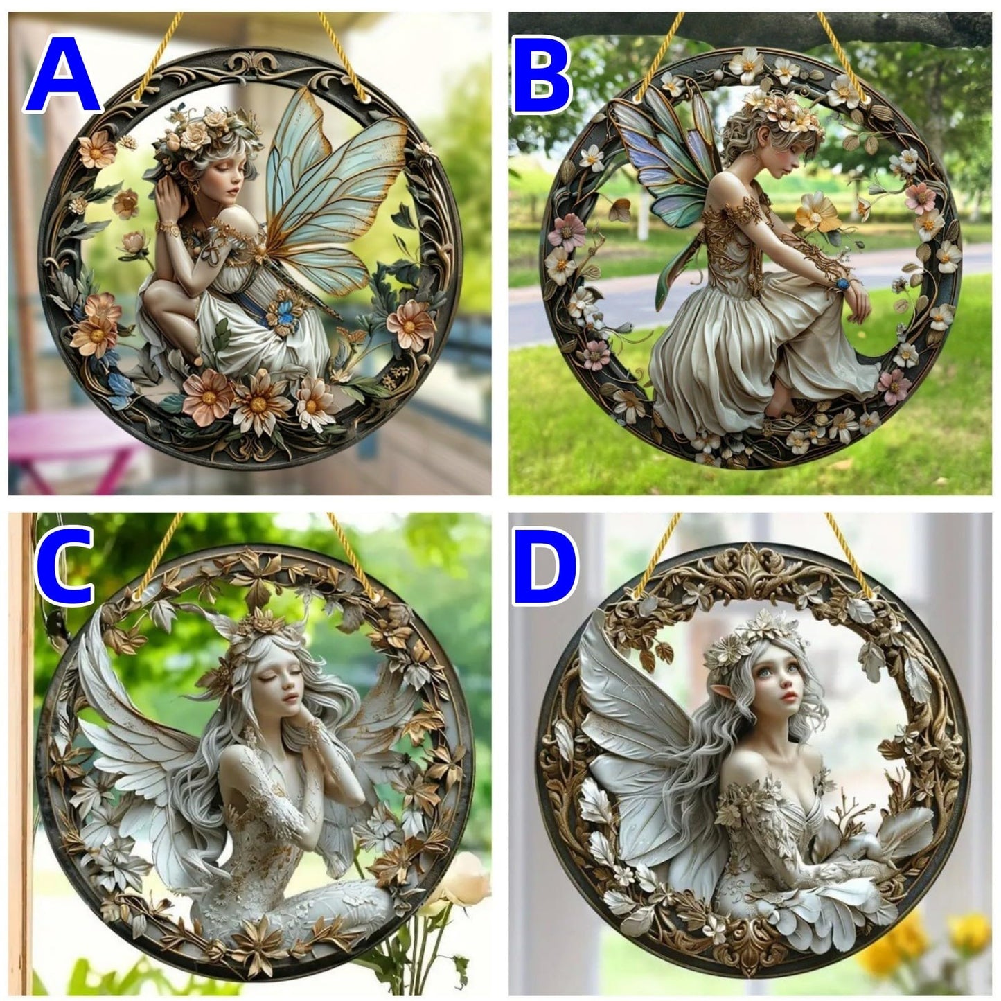 VTYFRY Flower Fairy Garden Decorations Angel Wing Christmas Halloween Deco Statue Art Elf Sculpture Hanging Craft for Outdoor Yard Courtyard Lawn Patio Window Acrylic Ornament Home Gift (D,S: 6*6 IN)