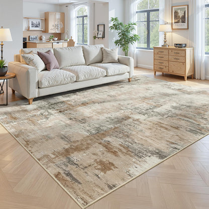6x9 Area Rugs for Living Room, Washable Rugs for Bedroom, Modern Abstract Rug with Non-Slip Silicone Backing, Low Pile Soft Carpet for Dining Dorms Room Nursery Office Indoor Home Decor (Brown&White)