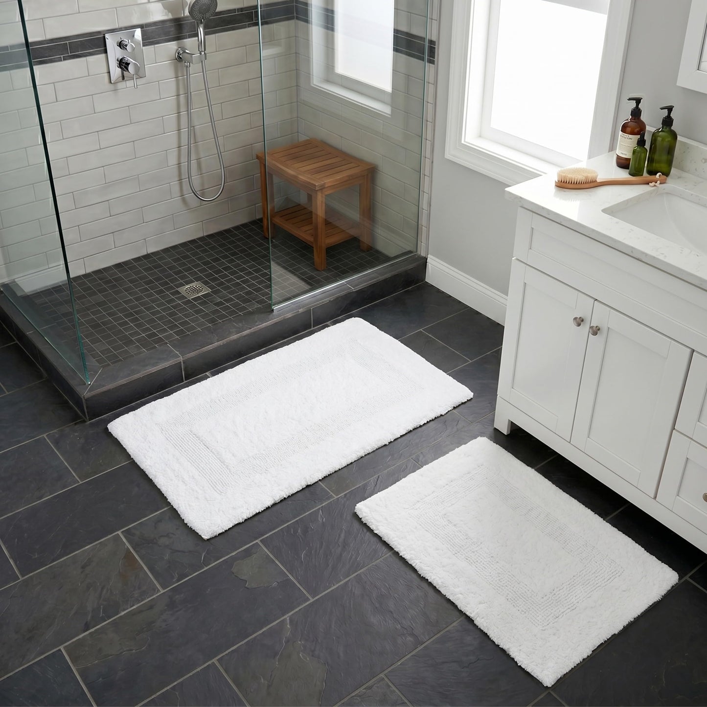 Bathroom Rugs - 2-Piece Cotton Bathroom Mat Set - Machine Washable Bath Mats for Restroom, Kitchen, or Laundry Room by Lavish Home (White)