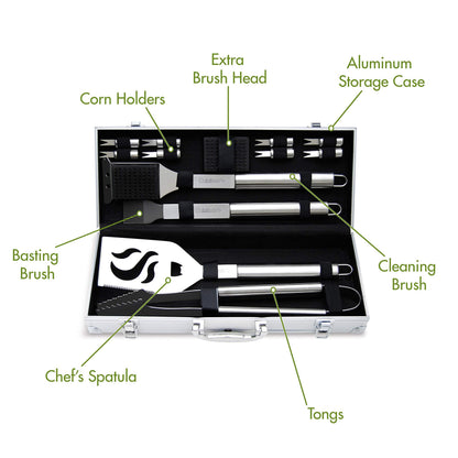 Cuisinart 14-Piece Deluxe Stainless Steel Grill Set, Grilling Accessories Kit with Spatula, Tongs, Corn Holders, Basting Brush, Cleaning Brush & Aluminum Carry Case, BBQ Tools for Outdoor Grill