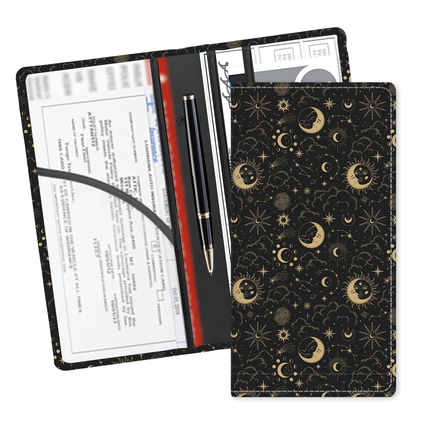 ADUQLZUX Leather Car Registration and Insurance Card Holder, Cute Car Accessories Vehicle Glove Box Car Organizer for Documents, Cards, License Cute Boho Sun Moon