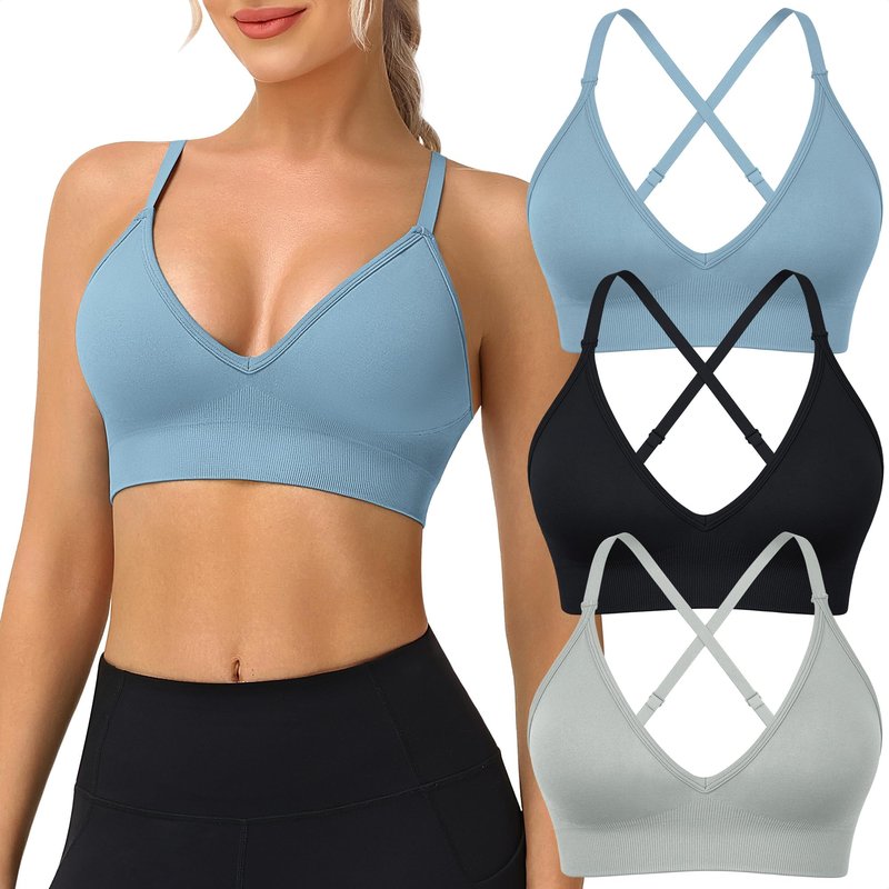 WANAYOU Sports Bras for Women, Deep V Neck Adjustable Spaghetti Strap Cross Back Sport Bra with Padding Low Support Wirefree Seamless Sexy Triangle Bralettes for Women 3 Pack Black Grey Blue Large