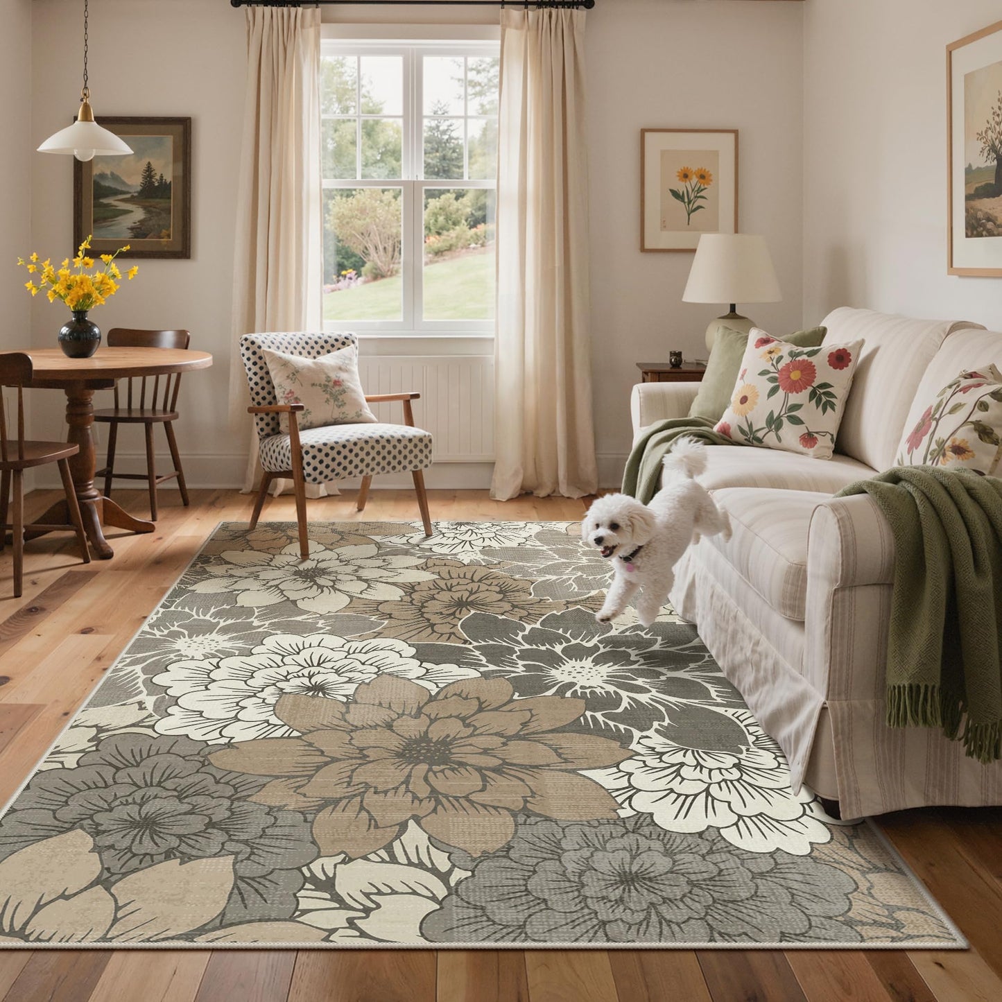 GENIMO Indoor Outdoor Area Rug 5'x8', Machine Washable Rugs for Patio, Waterproof, Non-Slip Easy Cleaning Floral Outdoor Mat Carpet for Living Room, Bedroom, RV, Balcony, Deck, Camping, Coffee Beige