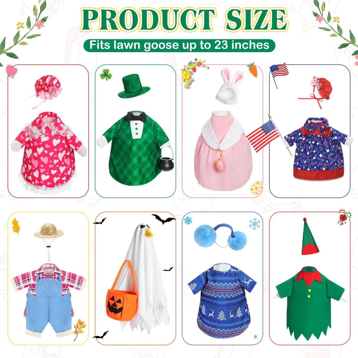 Silicherry 8 Set Holiday Porch Goose Outfits for 23" Summer Fall Halloween Ghost Thanksgiving Christmas All Season Bundle Cement Goose Clothes Costume for Lawn Garden Patio Outdoor Decor