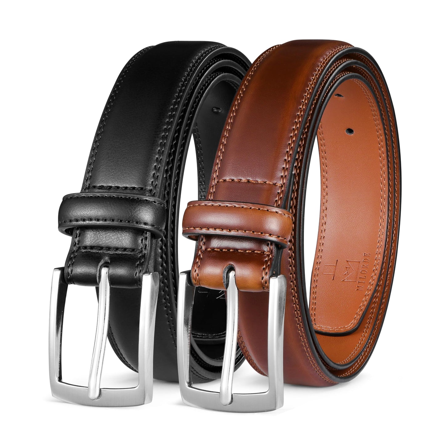 MILORDE Men's Leather Dress Belt 2Pack, Handmade, 100% Cow Leather, Fashion & Classic Designs for Work Business and Casual (2pack-Black101/Brown103,34)