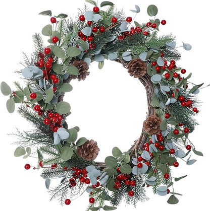 20 Inches Christmas Wreath Winter Wreaths Holiday Christmas Wreaths for Front Door Christmas Berry Wreath with Pine Needles Pine Cones Red Berries for Window Indoor Outdoor Winter Decorations