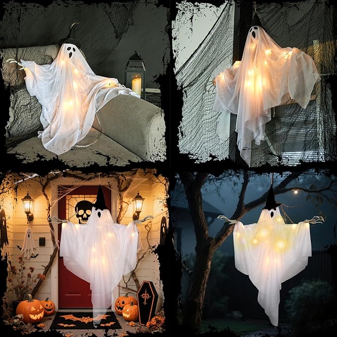 SUNBEAUTY Halloween Decorations Outdoor, Halloweens Party Decoration Indoor, Spooky Ghost with Remote Control String Lights, Halloween-Ghost Lights for Porches Yards Gardens Lawn