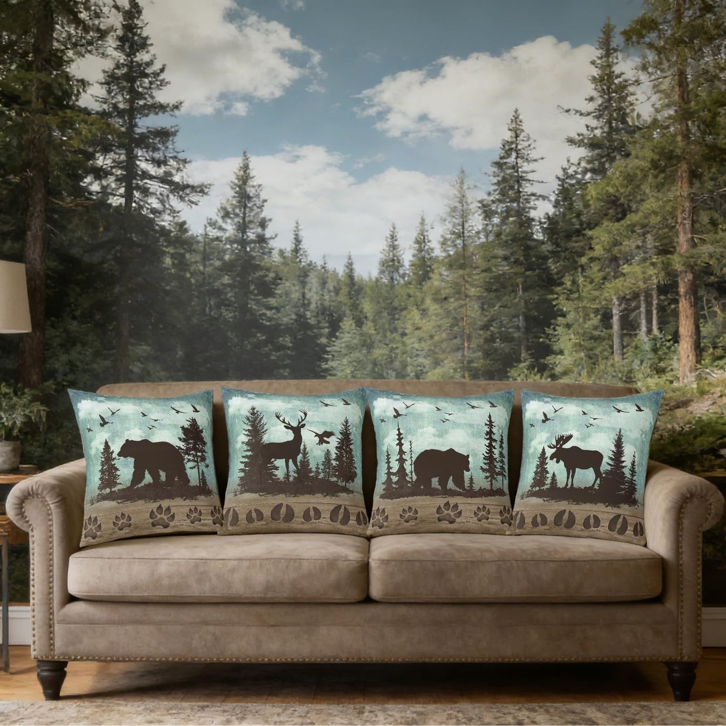 Erosebridal Set of 4 Rustic Hunting Throw Pillow Covers Farmhouse Throw Pillows Covers,Vintage Bear Cabin Deer 18 x 18 Pillow Insert Woodland Animals Accent Pillow Case (Inserts Not Included)