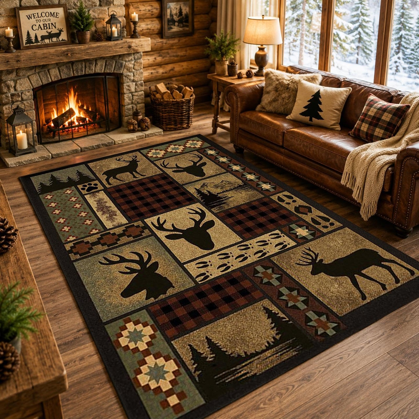 Deer Rug, 3x5 ft Rustic Lodge Cabin Carpet with Buffalo Plaid Wildlife Design, Washable Non Slip Hunting Rug for Living Room Bedroom, Man Cave, Western Farmhouse Decor
