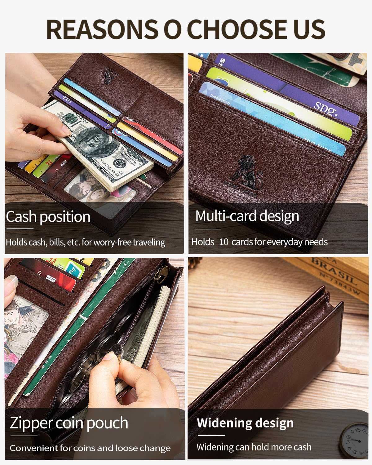 STEELLION Unisex Vintage Leather Long Bifold Wallet - RFID Blocking Billfold with ID Window & Multi-Card Slots - Genuine Cowhide Cash & Receipt Organizer for Travel (91644-Coffee)