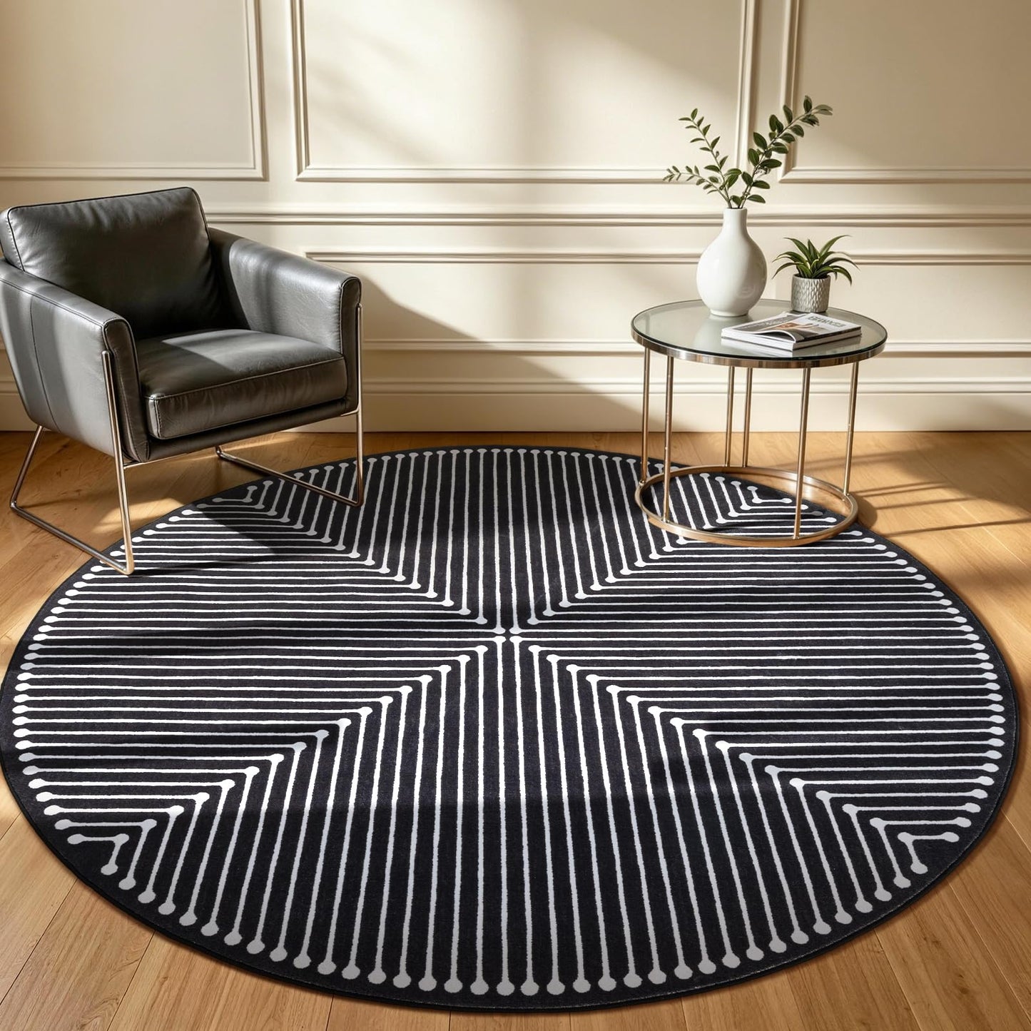 YIHOUSE Modern Washable 6ft Round Rug for Living Room, Black 6x6 Circle Rugs for Bedroom Non Slip Non Skid, Soft Striped Carpet for Dining Room Playroom Home Office Decor