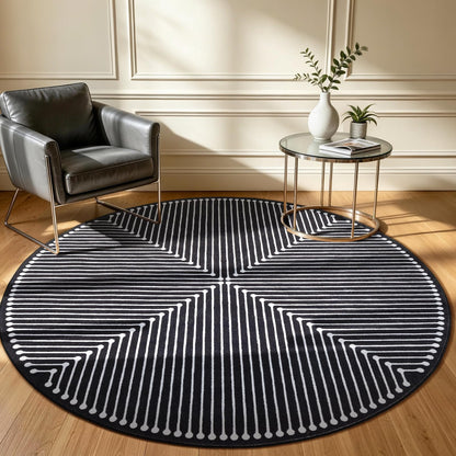 YIHOUSE Modern Washable 6ft Round Rug for Living Room, Black 6x6 Circle Rugs for Bedroom Non Slip Non Skid, Soft Striped Carpet for Dining Room Playroom Home Office Decor