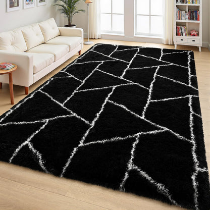 FALARK Fluffy Area Rugs for Living Room Bedroom, Modern Geometric 4x6 Feet Black Rug, Soft Plush Shaggy Fuzzy Floor Bedside Carpet for Nursery Kids Girls Boys Teen Dorm Home Office Decor