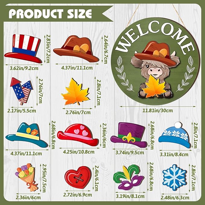 35 Pcs Christmas Interchangeable Highland Cow Welcome Sign Highland Cow Seasonal Wooden Hanging Door Decor Thanksgiving Farmhouse Hanging Sign for Front Door Xmas Party Decoration Gift(Grass Green)