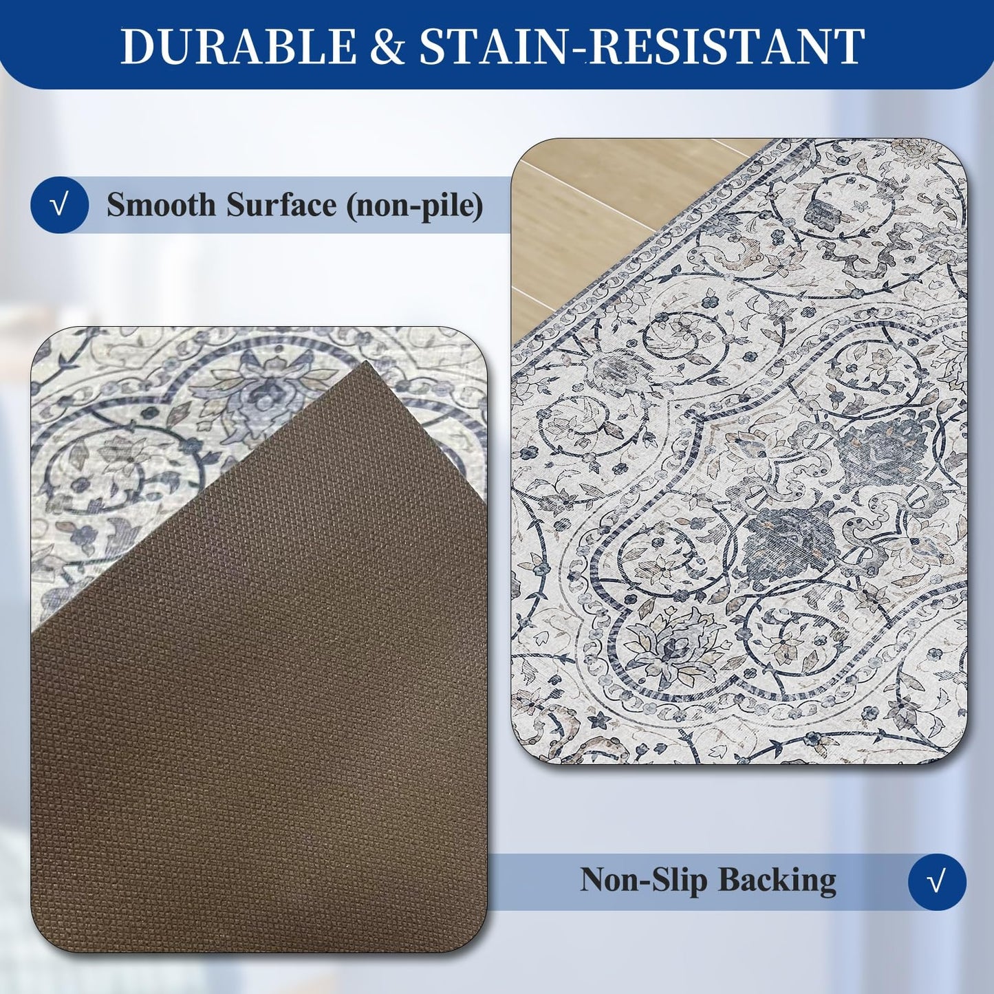 SALLOUS Vinyl Floor Mat for Home, 5' x 8' Waterproof Area Rug for Living Room, Non-Slip Area Rug for Under Dining Table, Vinyl Hard Floor Protector Mat for Bedroom, Kitchen, Bathroom (Grayish Blue)